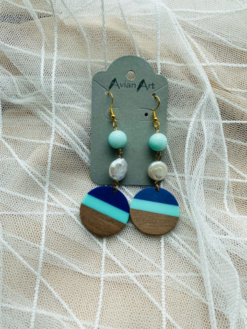 Pearl & Wood/Blue Circle Resin Drop Earrings