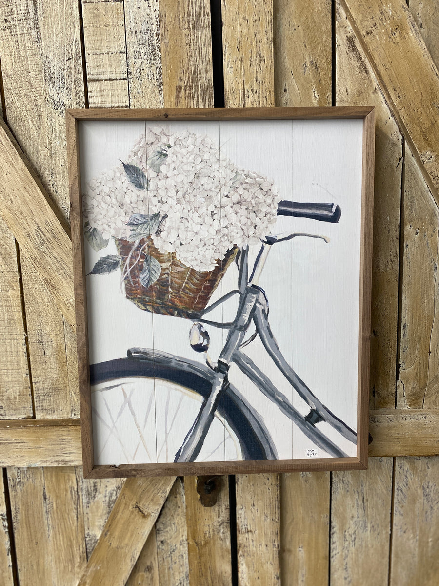 Bicycle with Flower Basket Hanging Wood Sign