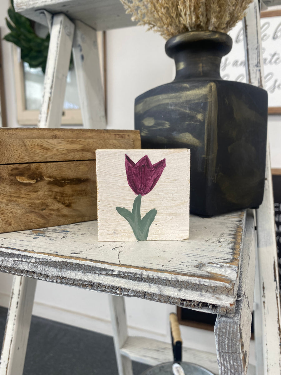 Handcrafted Wooden Block With Purple Tulip