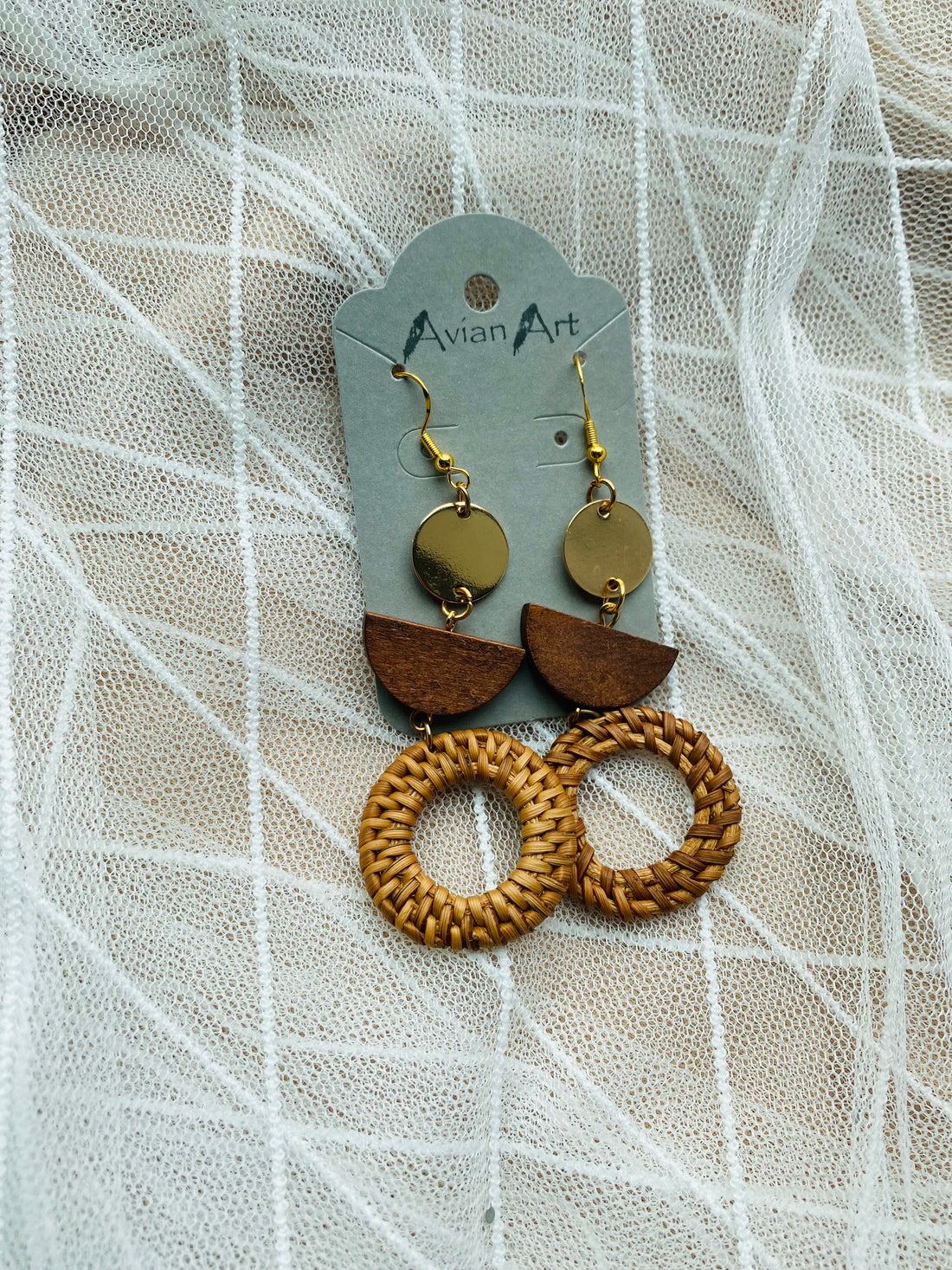 Geometric Wood & Wicker Resin Drop Earrings