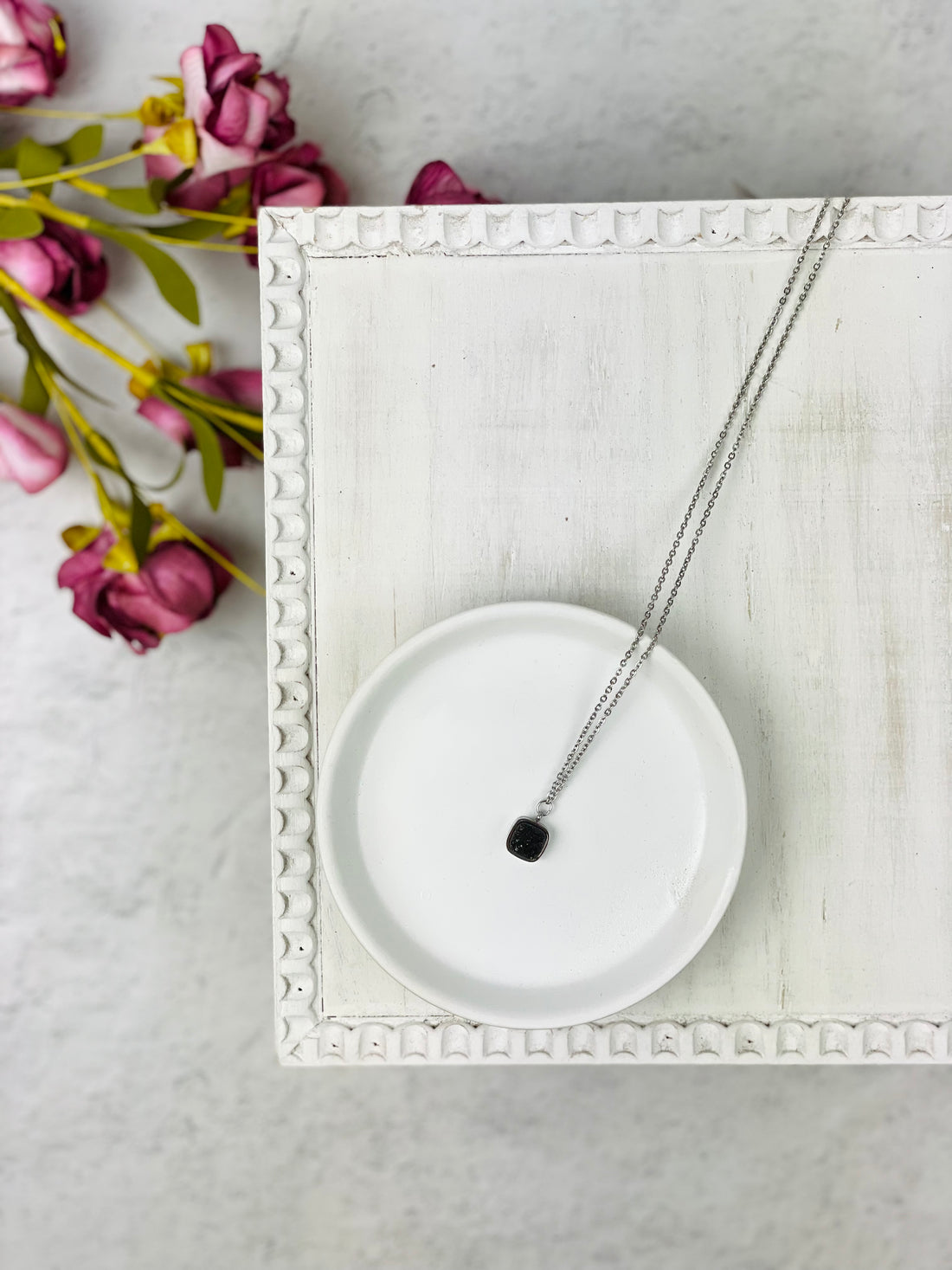 Silver Dainty Black Square Druzy Necklace