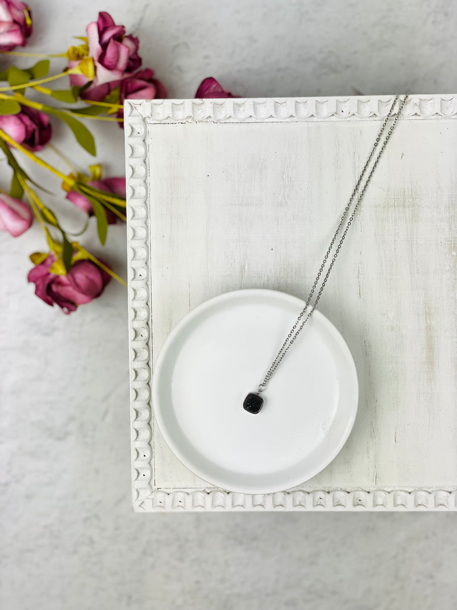 Silver Dainty Black Square Druzy Necklace