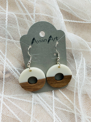 White & Wood Donut Shaped Resin Drop Earrings