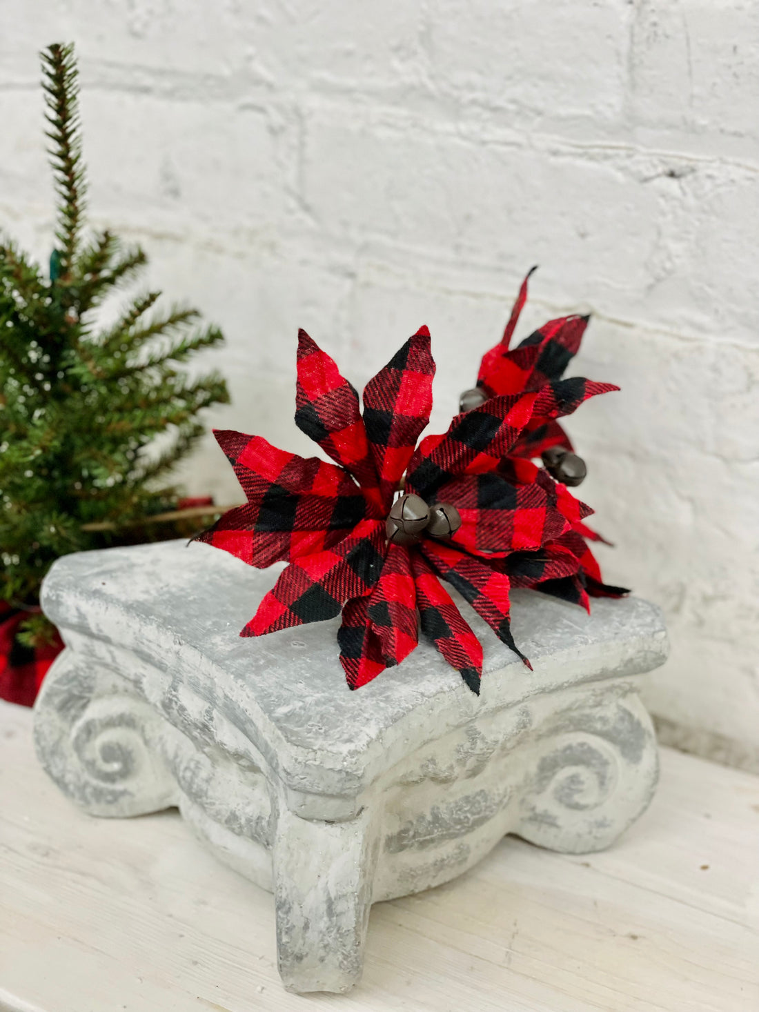 Buffalo Check Jingle Bell Poinsettia Stem - Red