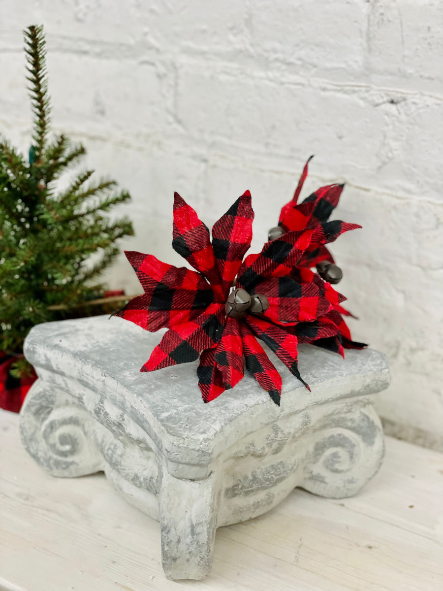 Buffalo Check Jingle Bell Poinsettia Stem - Red