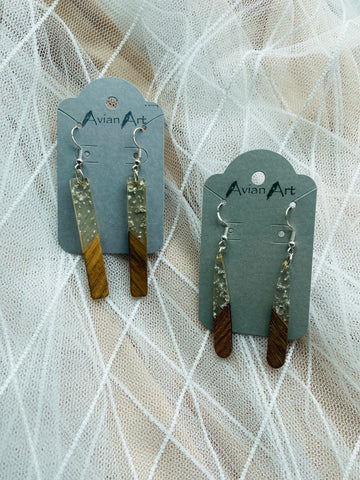 Silver Flakes and Wood Resin Drop Earrings