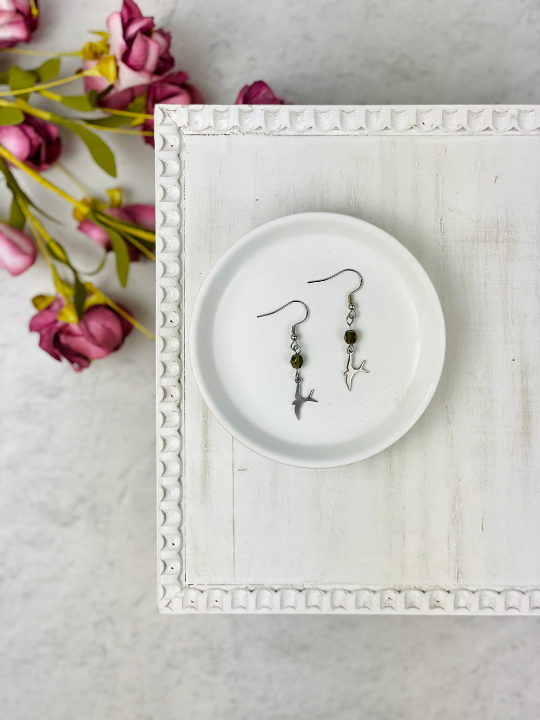 Silver Bird with Green Bead Drop Earrings