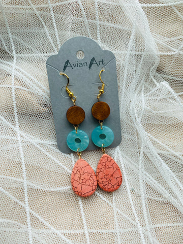 Coral, Light Blue & Wood Resin Drop Earrings