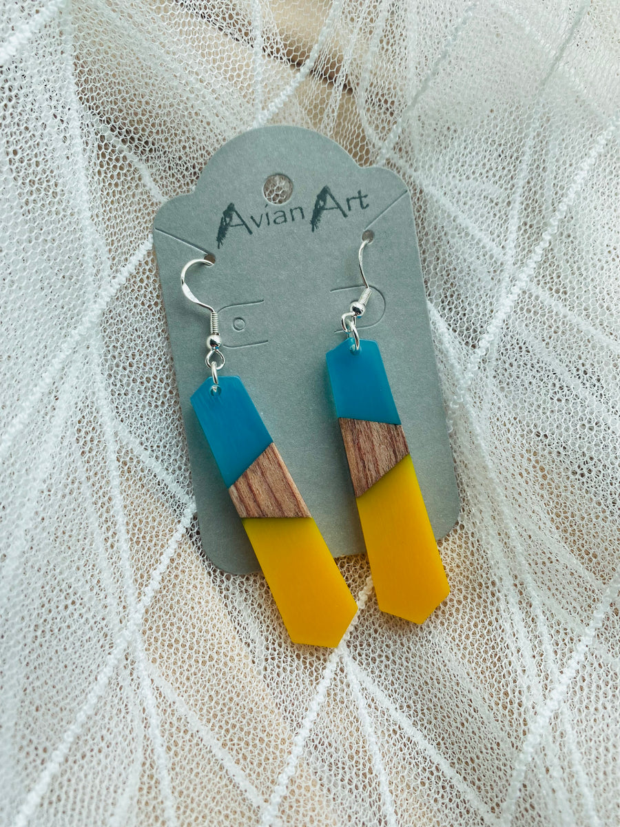 Aqua, Yellow & Wood Tie Shaped Resin Drop Earrings