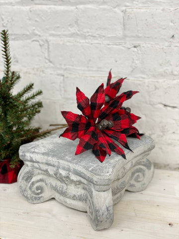 Buffalo Check Jingle Bell Poinsettia Stem - Red