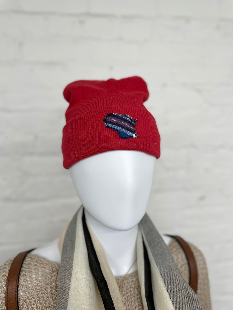 Red Knit Wisconsin Patch Hat