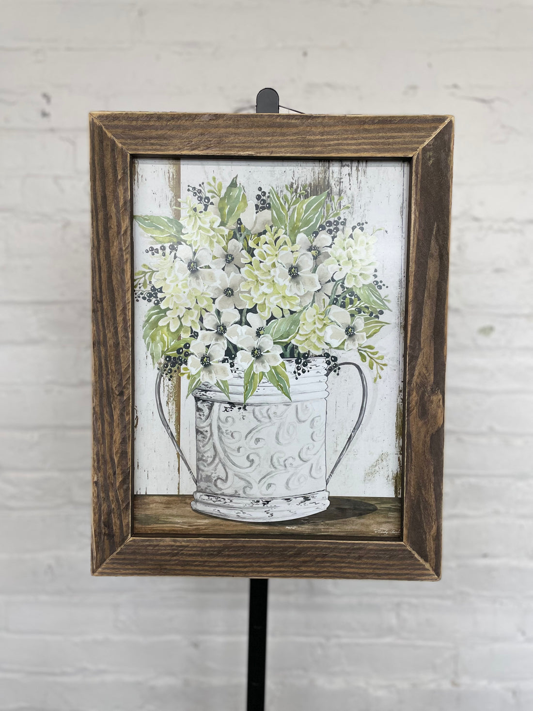 Jan Michaels' White Bouquet Hanging Sign - Brown Stain Frame