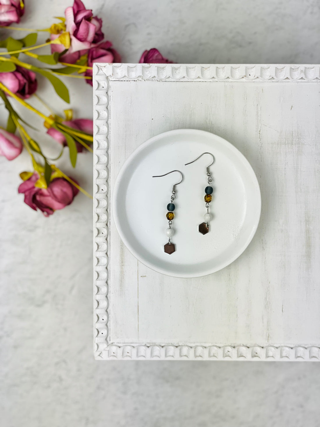 Silver Hexagon with Layered Bead Drop Earrings
