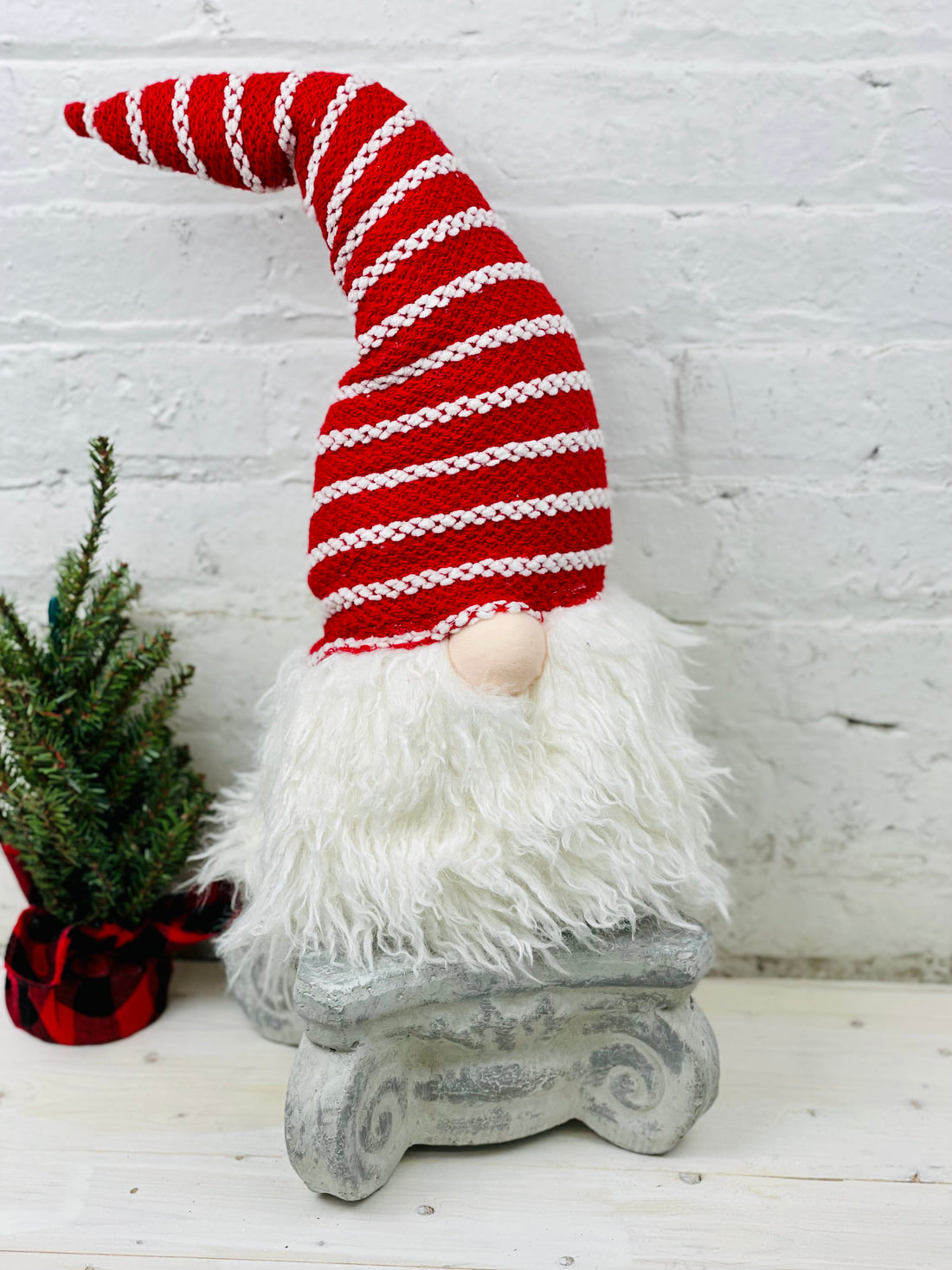 Large Red and White Striped Hat Gnome with Light Up Nose