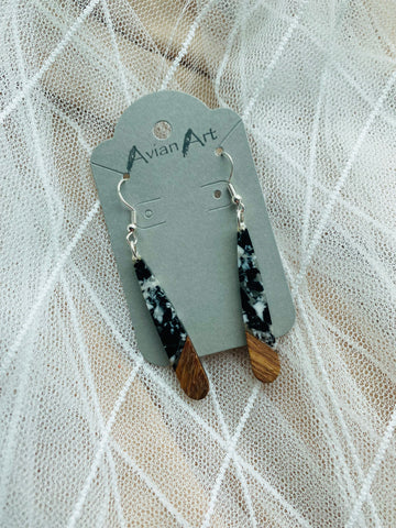 Black/White & Wood Teardrop Resin Drop Earrings