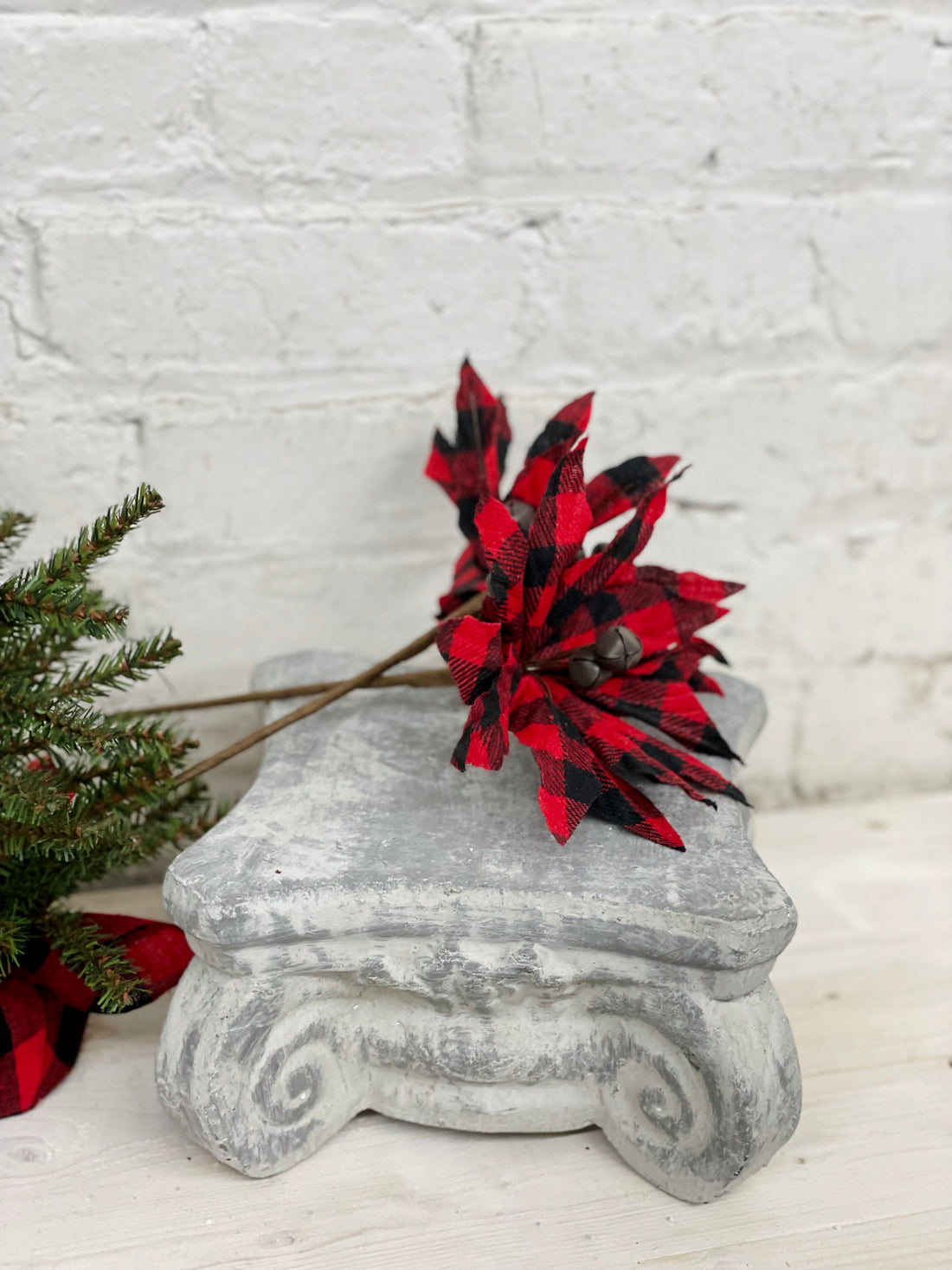 Buffalo Check Jingle Bell Poinsettia Stem - Red