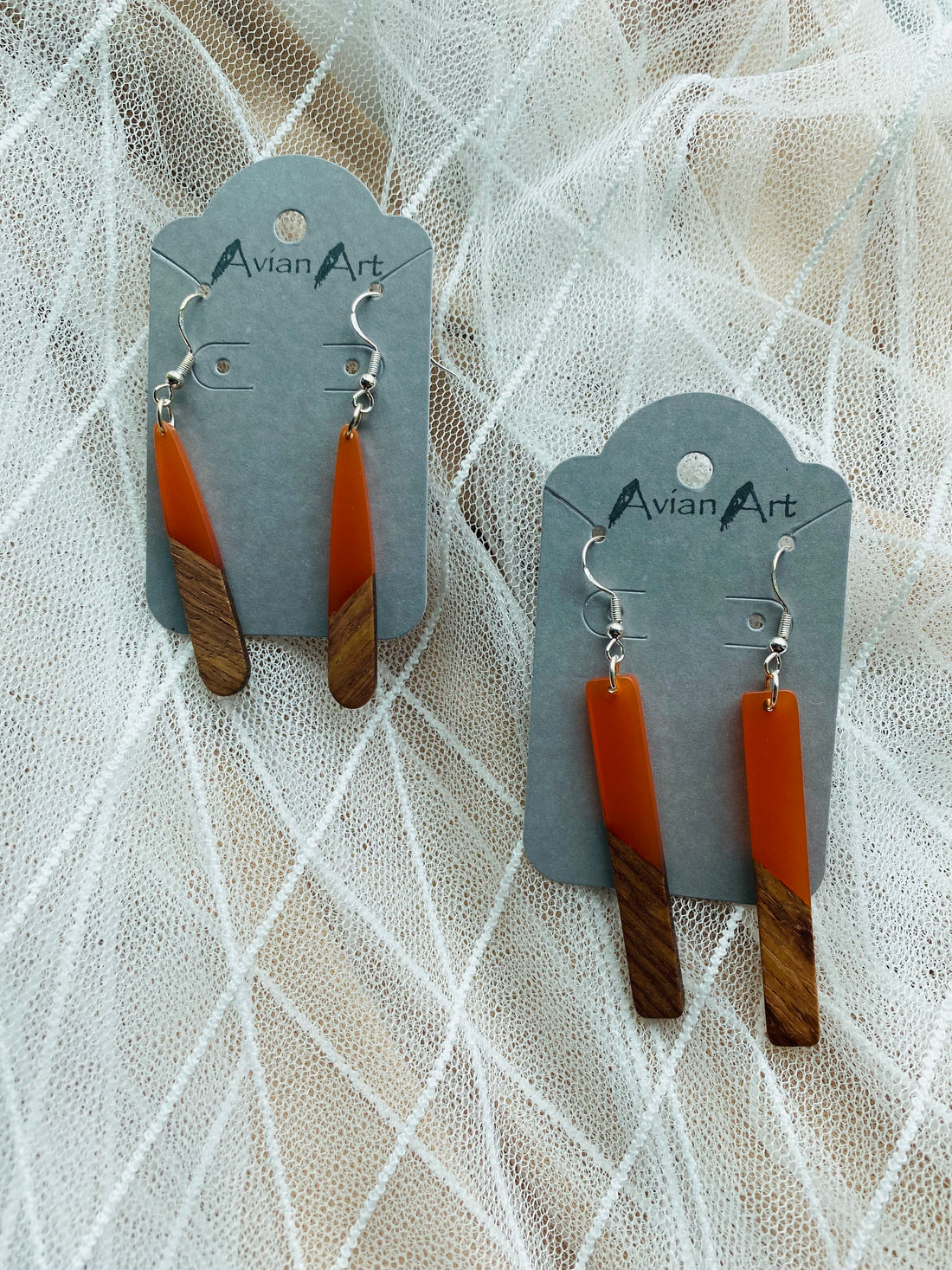 Orange and Wood Resin Drop Earrings