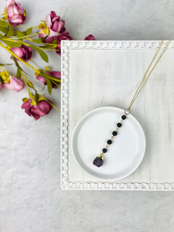 Gold Amethyst with Lava Beads Necklace