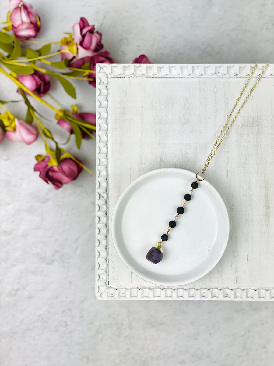 Gold Amethyst with Lava Beads Necklace