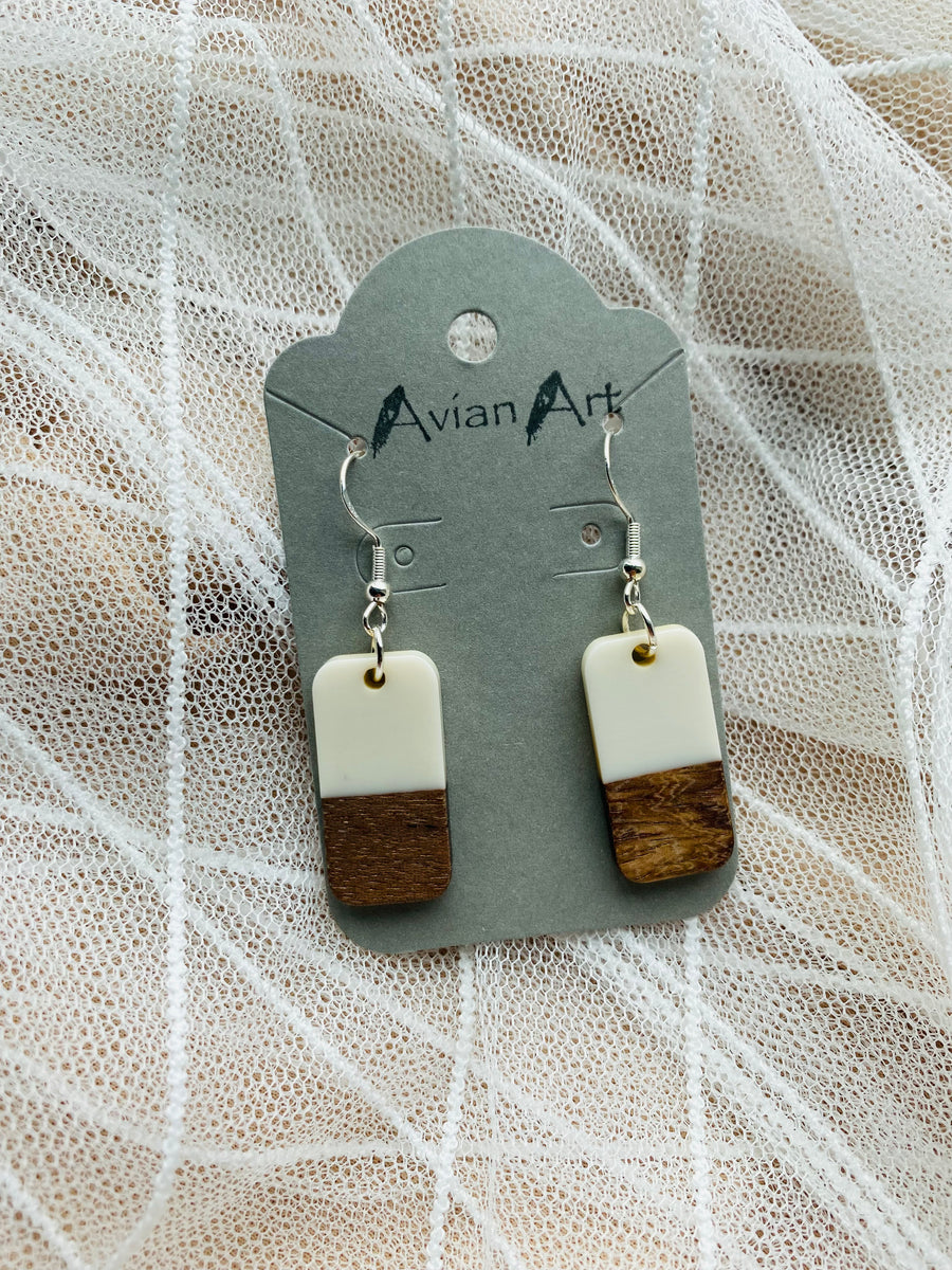 White & Wood Rounded Rectangle Resin Drop Earrings