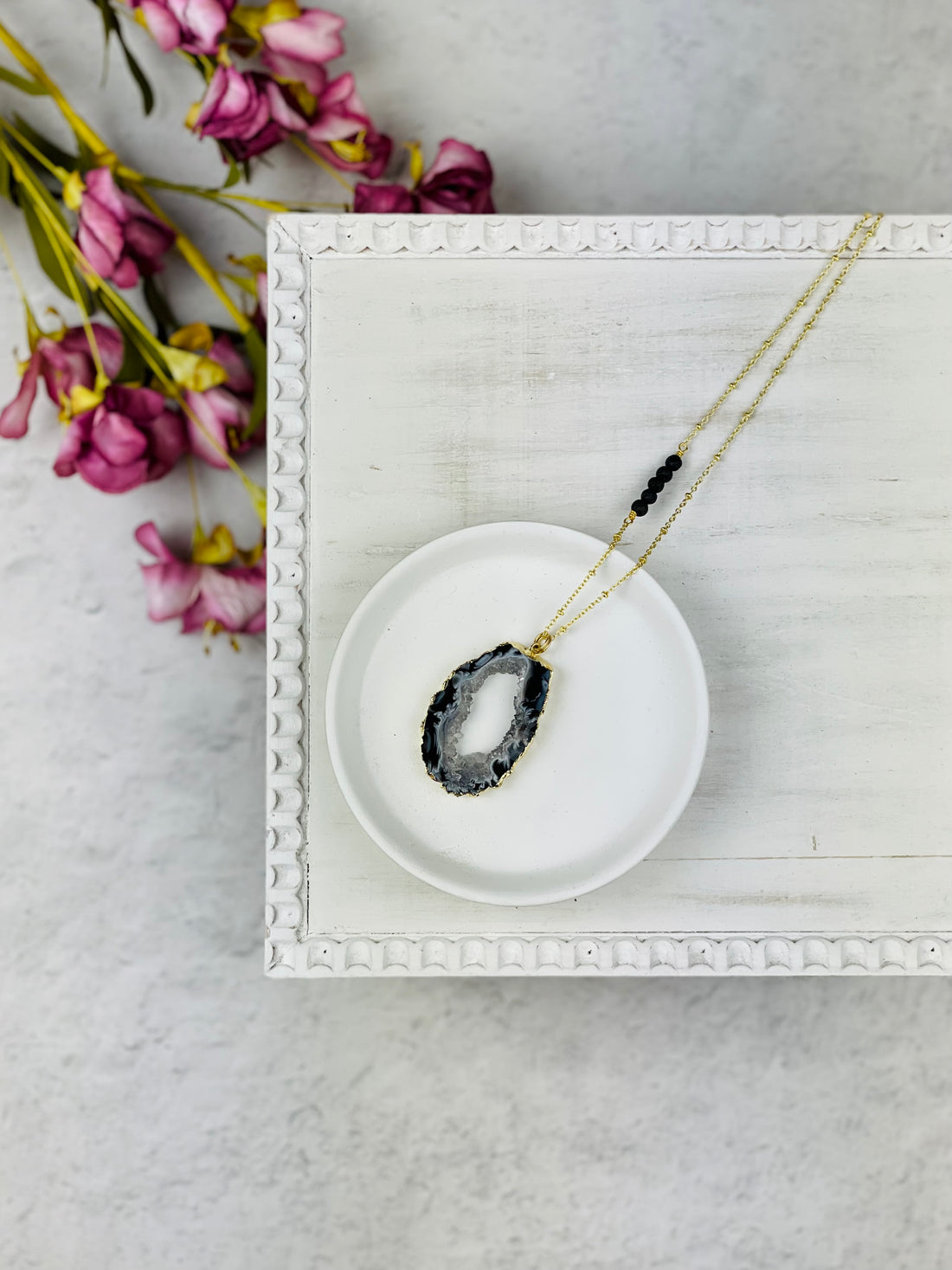 Gold Grey + White Geode with Lava Beads Necklace