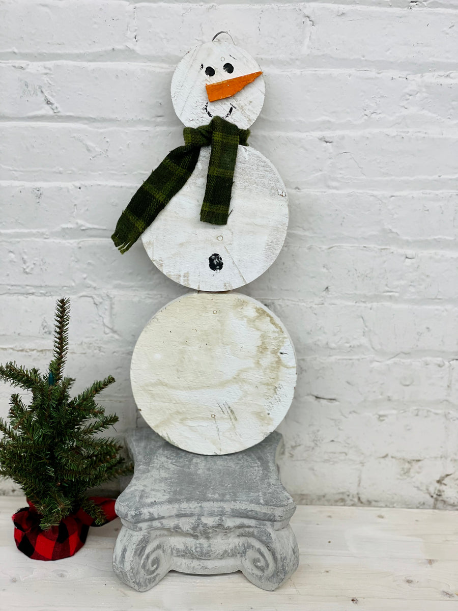 Wood Hanging Snowman with Green Scarf