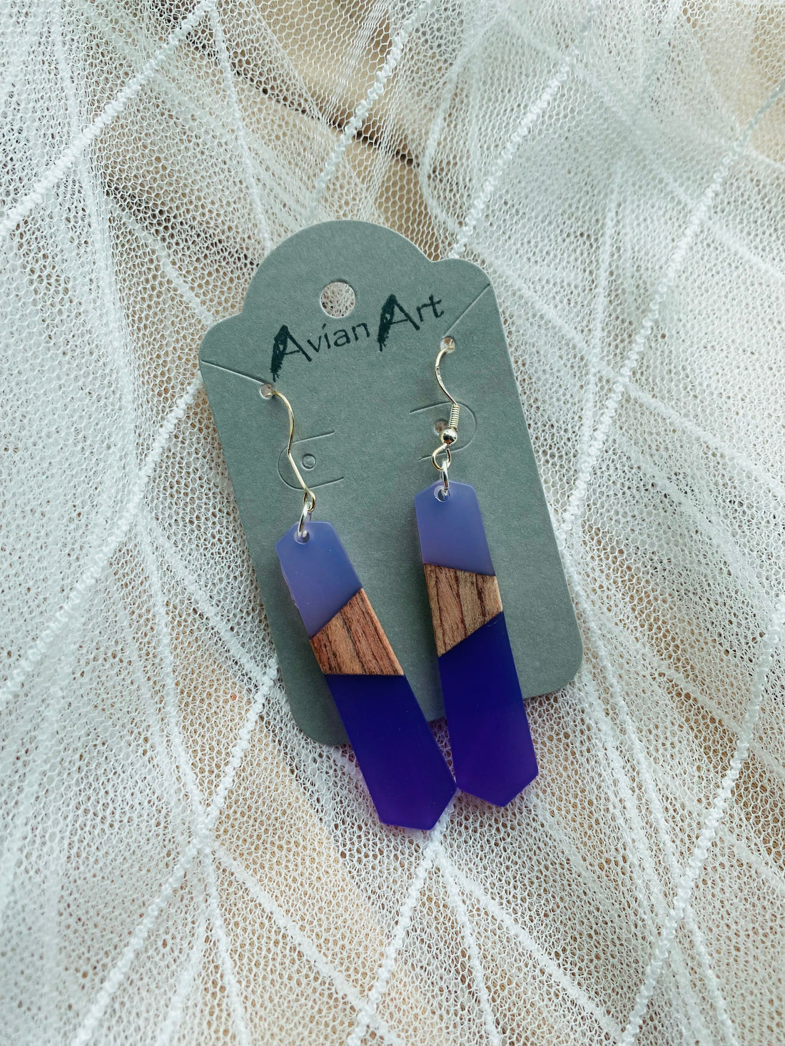 Purple & Wood Tie Shaped Resin Drop Earrings