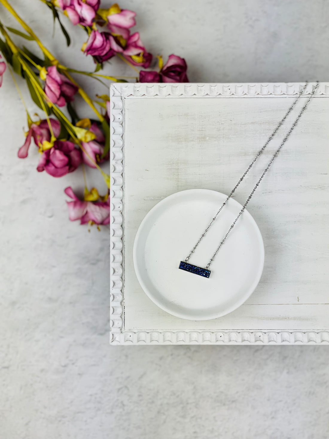 Silver Blue Bar Druzy Necklace