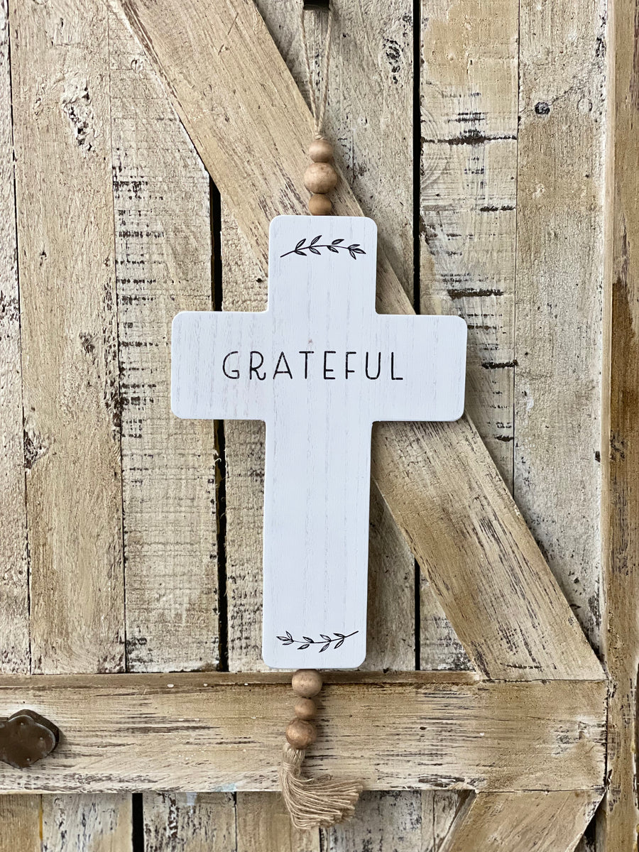 Grateful Wood Cross Ornament with Beads
