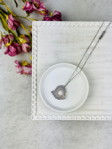 Silver Geode + Grey Beads Necklace