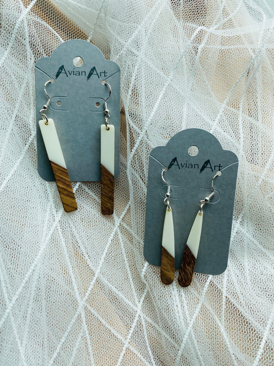 White and Wood Resin Drop Earrings
