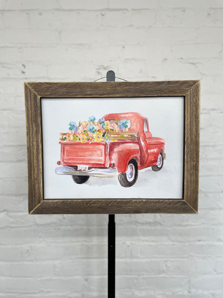 Jan Michaels' Red Flower Truck Hanging Sign - Brown Stain Frame