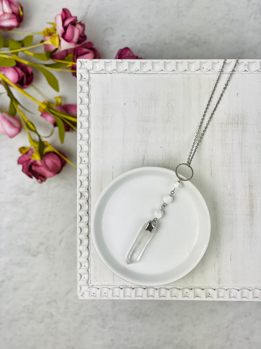 Silver Quartz Point with Howlite Beads Necklace