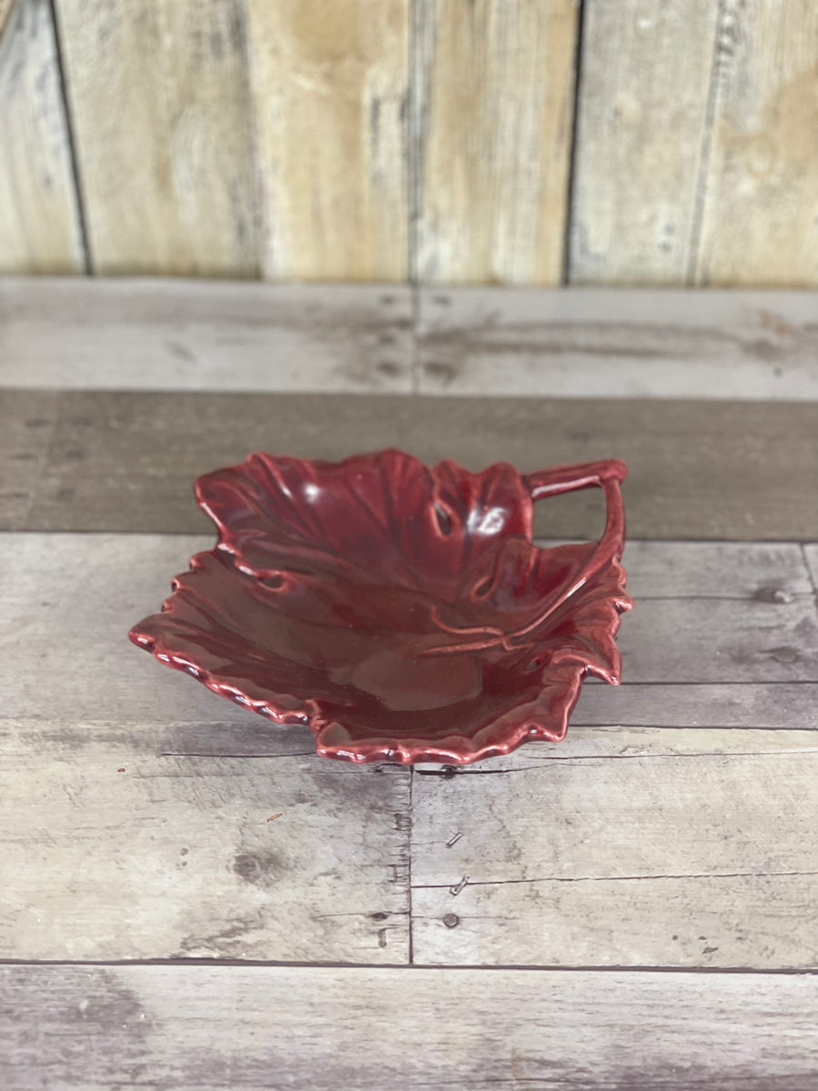 Red Glass Leaf Dish